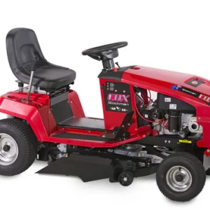 alt="Cox Stockman ride-on mower side angle view showing 32 inch fabricated deck