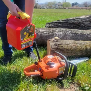 Illustration of the SureCan fuel can's self-venting feature for smooth fuel flow."