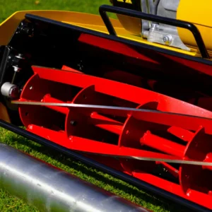 Close-up of Cox LawnMaster 17-inch mower showing 6-blade reel cutting system