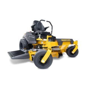Hustler Raptor XDX 54 zero turn mower – front-left view with chute open | Shepp City Garden Equipment