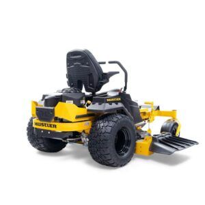 Hustler Raptor XDX 54 – rear side view showing commercial tyres and reinforced chute