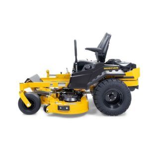 Side profile of Hustler Raptor XDX 54 mower with foot-operated deck and comfort seat