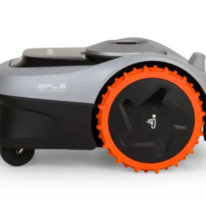 Left side view of robotic mower with orange wheels