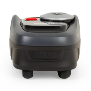 Rear view of Segway i108A robotic mower with emergency stop button