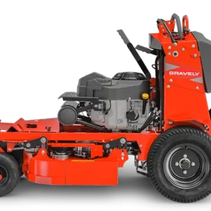 “Side view of Gravely Z-Stance 32 stand-on zero-turn mower Shepparton highlighting Kawasaki engine and X-Factor 2 7-gauge steel deck.”